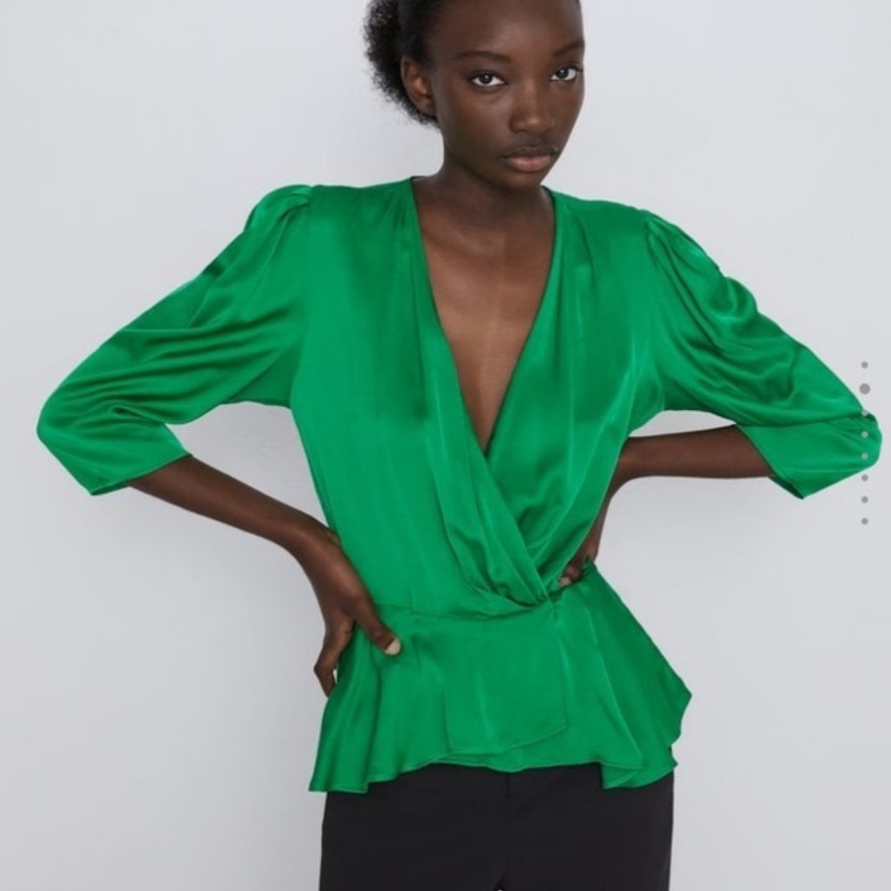 ZARA New Satin Wrap Blouse - Emerald Green - S - Picture 4 of 6